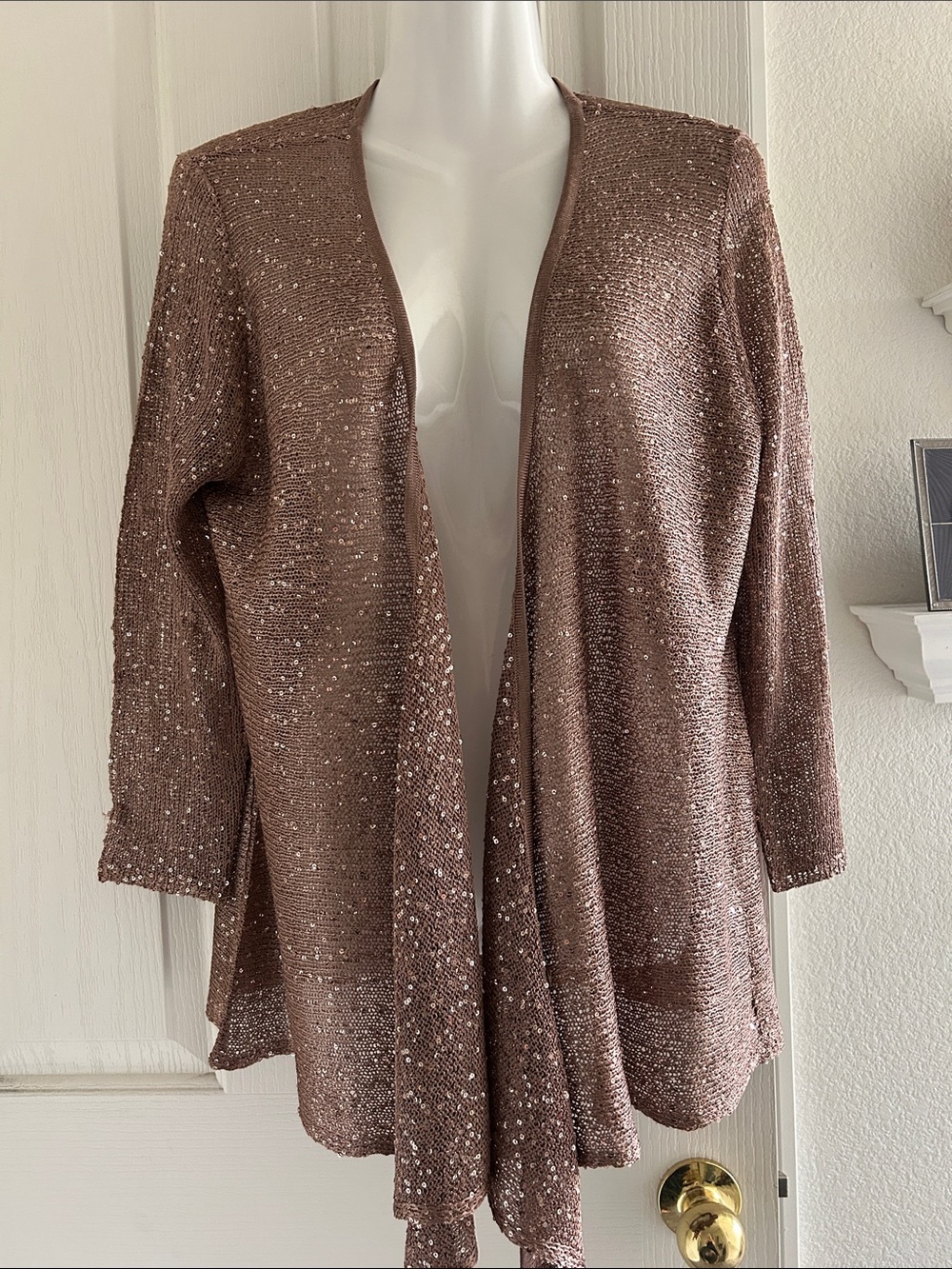 Belldini Rose Brown Sequin Open-Front Cardigan
